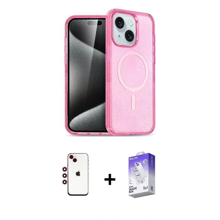 MARSİLYAN™- iPhone 14 Kılıf Nova Asil Prime - Siyah Bilvis 5in1 3D Magic Cam Ekran Koruyucu + Shine Kamera Lens - KI