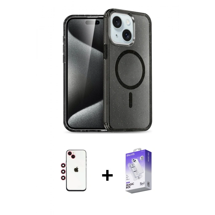 MARSİLYAN™- iPhone 14 Kılıf Nova Asil Prime - Siyah Bilvis 5in1 3D Magic Cam Ekran Koruyucu + Shine Kamera Lens - KI