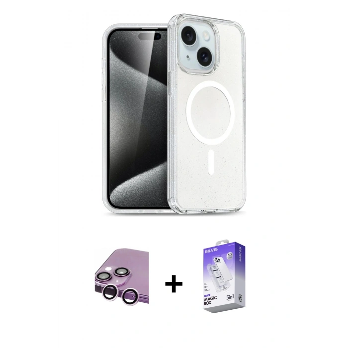 MARSİLYAN™- iPhone 14 Kılıf Nova Asil Prime - Siyah Bilvis 5in1 3D Magic Cam Ekran Koruyucu + Raze Metal Kamera Lens - MR