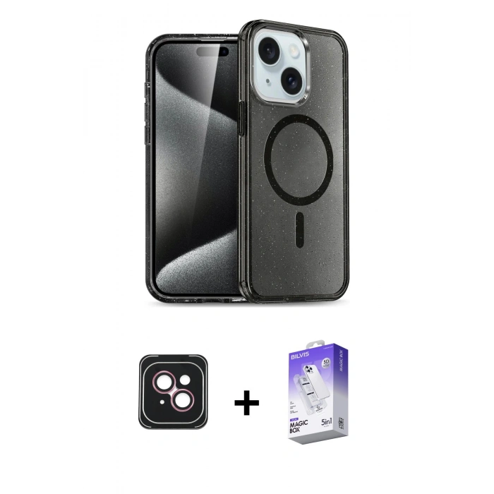 MARSİLYAN™- iPhone 14 Kılıf Nova Asil Prime - Siyah Bilvis 5in1 3D Magic Cam Ekran Koruyucu + PVD Metal Kamera Lens - PE