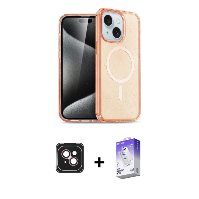 MARSİLYAN™- iPhone 14 Kılıf Nova Asil Prime - Siyah Bilvis 5in1 3D Magic Cam Ekran Koruyucu + PVD Metal Kamera Lens - PE