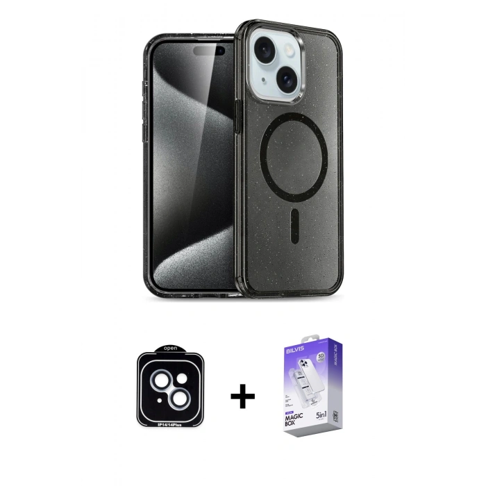 MARSİLYAN™- iPhone 14 Kılıf Nova Asil Prime - Siyah Bilvis 5in1 3D Magic Cam Ekran Koruyucu + PVD Metal Kamera Lens - MI
