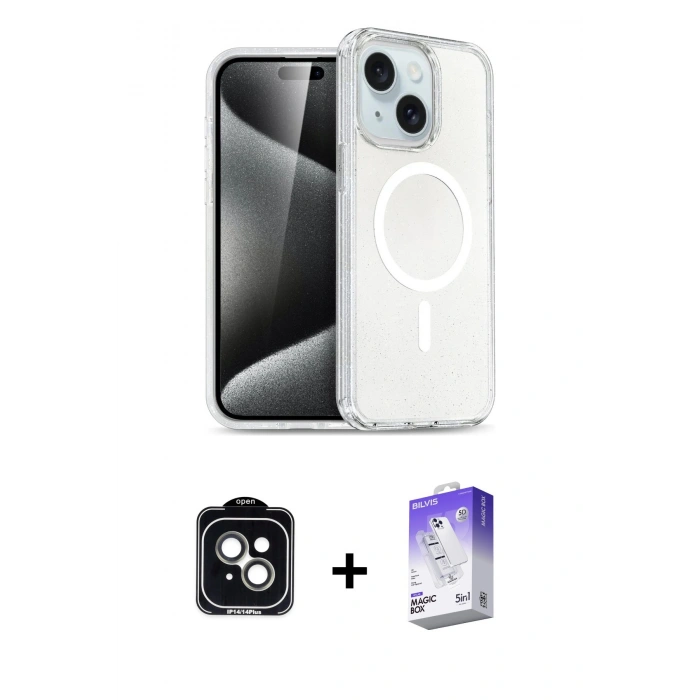 MARSİLYAN™- iPhone 14 Kılıf Nova Asil Prime - Siyah Bilvis 5in1 3D Magic Cam Ekran Koruyucu + PVD Metal Kamera Lens - YL