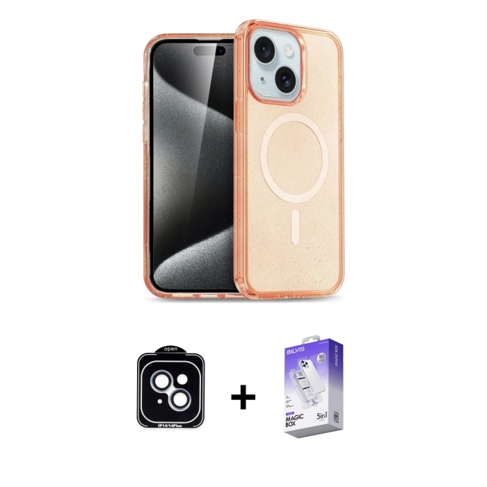 MARSİLYAN™- iPhone 14 Kılıf Nova Asil Prime - Siyah Bilvis 5in1 3D Magic Cam Ekran Koruyucu + PVD Metal Kamera Lens - MI