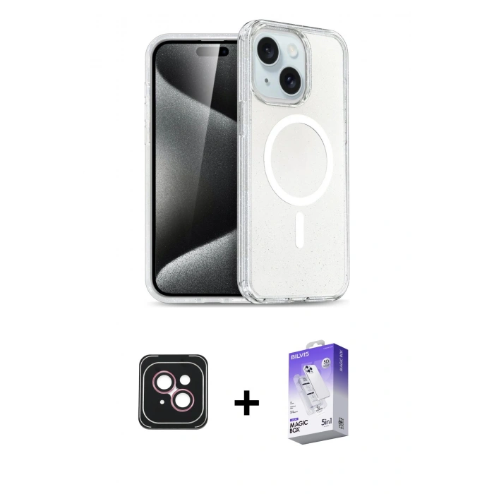 MARSİLYAN™- iPhone 14 Kılıf Nova Asil Prime - Siyah Bilvis 5in1 3D Magic Cam Ekran Koruyucu + PVD Metal Kamera Lens - PE