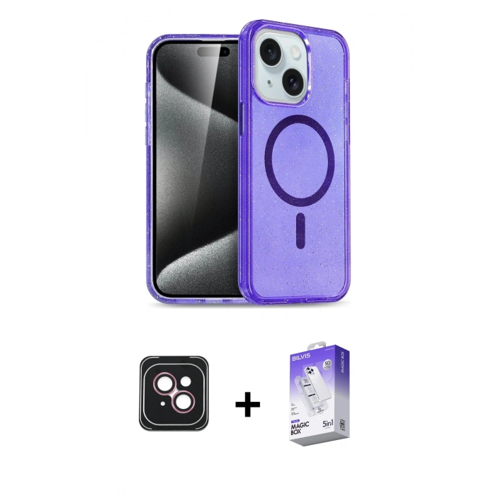 MARSİLYAN™- iPhone 14 Kılıf Nova Asil Prime - Siyah Bilvis 5in1 3D Magic Cam Ekran Koruyucu + PVD Metal Kamera Lens - PE