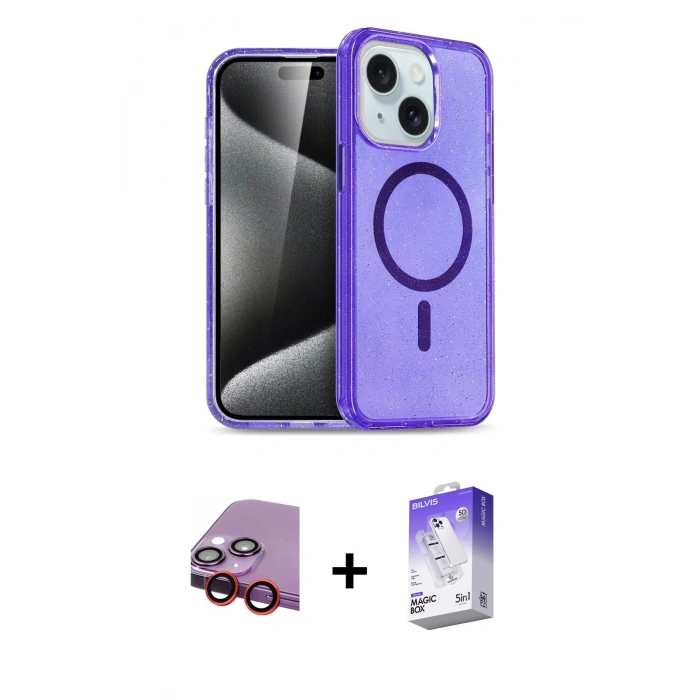 MARSİLYAN™- iPhone 14 Kılıf Nova Asil Prime - Siyah Bilvis 5in1 3D Magic Cam Ekran Koruyucu + Raze Metal Kamera Lens - KI