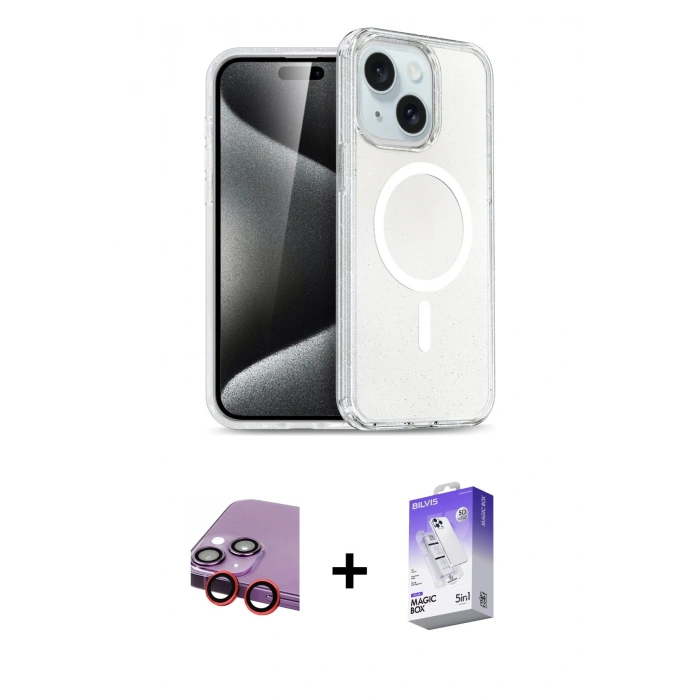 MARSİLYAN™- iPhone 14 Kılıf Nova Asil Prime - Siyah Bilvis 5in1 3D Magic Cam Ekran Koruyucu + Raze Metal Kamera Lens - KI