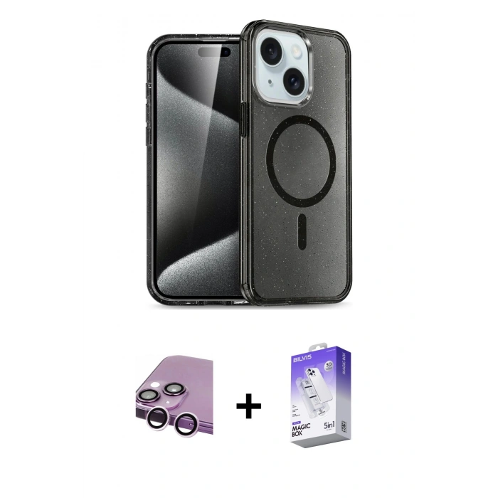 MARSİLYAN™- iPhone 14 Kılıf Nova Asil Prime - Siyah Bilvis 5in1 3D Magic Cam Ekran Koruyucu + Raze Metal Kamera Lens - MR