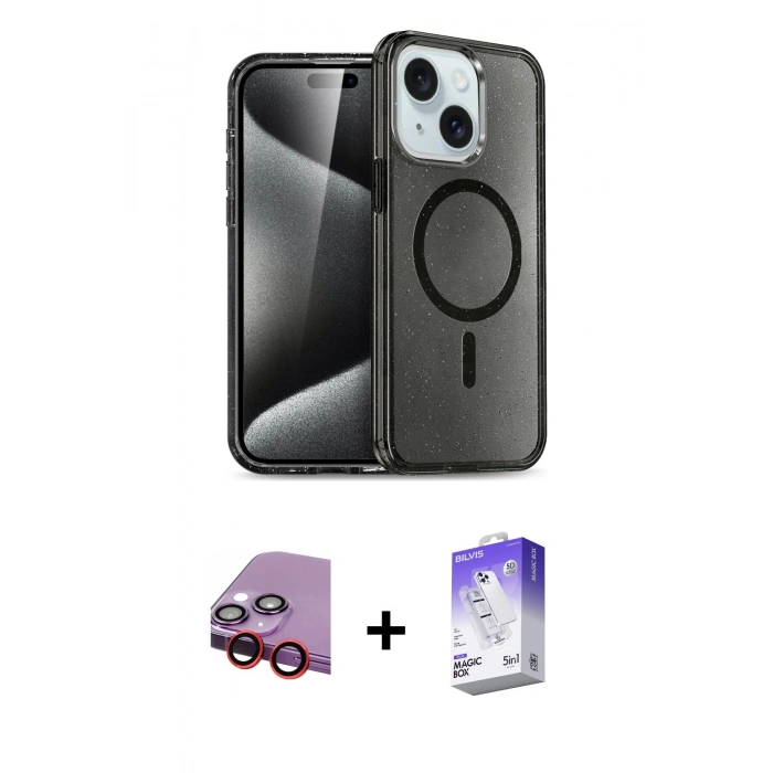 MARSİLYAN™- iPhone 14 Kılıf Nova Asil Prime - Siyah Bilvis 5in1 3D Magic Cam Ekran Koruyucu + Raze Metal Kamera Lens - KI