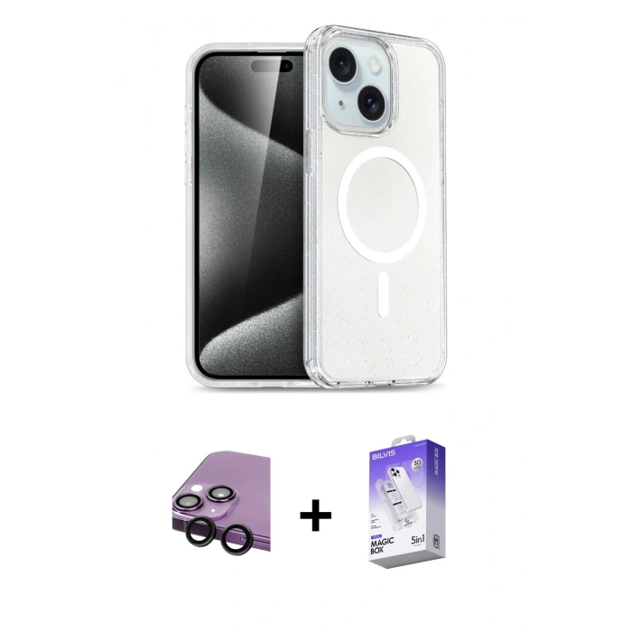MARSİLYAN™- iPhone 14 Kılıf Nova Asil Prime - Siyah Bilvis 5in1 3D Magic Cam Ekran Koruyucu + Raze Metal Kamera Lens - SH