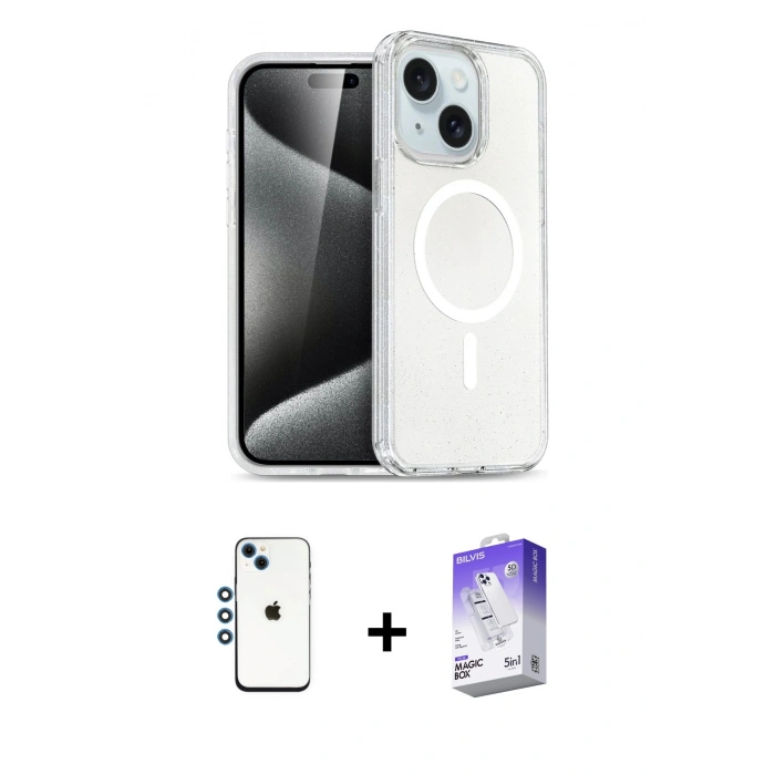 MARSİLYAN™- iPhone 14 Kılıf Nova Asil Prime - Siyah Bilvis 5in1 3D Magic Cam Ekran Koruyucu + Shine Kamera Lens - MI