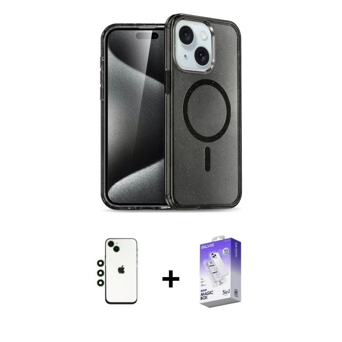 MARSİLYAN™- iPhone 14 Kılıf Nova Asil Prime - Siyah Bilvis 5in1 3D Magic Cam Ekran Koruyucu + Shine Kamera Lens - YL