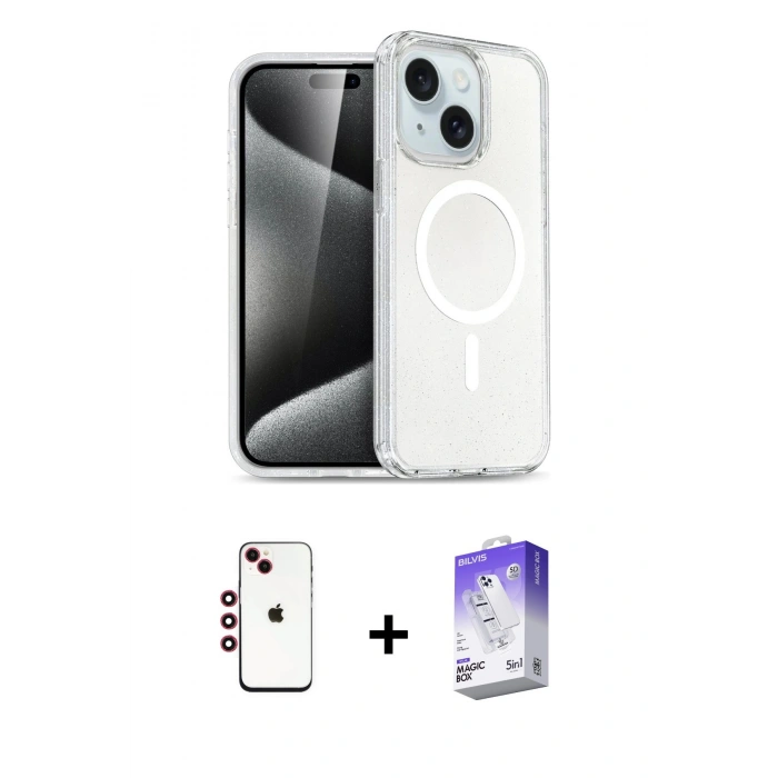 MARSİLYAN™- iPhone 14 Kılıf Nova Asil Prime - Siyah Bilvis 5in1 3D Magic Cam Ekran Koruyucu + Shine Kamera Lens - KI