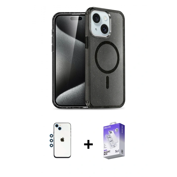 MARSİLYAN™- iPhone 14 Kılıf Nova Asil Prime - Siyah Bilvis 5in1 3D Magic Cam Ekran Koruyucu + Shine Kamera Lens - MI