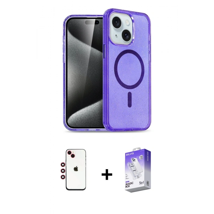 MARSİLYAN™- iPhone 14 Kılıf Nova Asil Prime - Siyah Bilvis 5in1 3D Magic Cam Ekran Koruyucu + Shine Kamera Lens - KI
