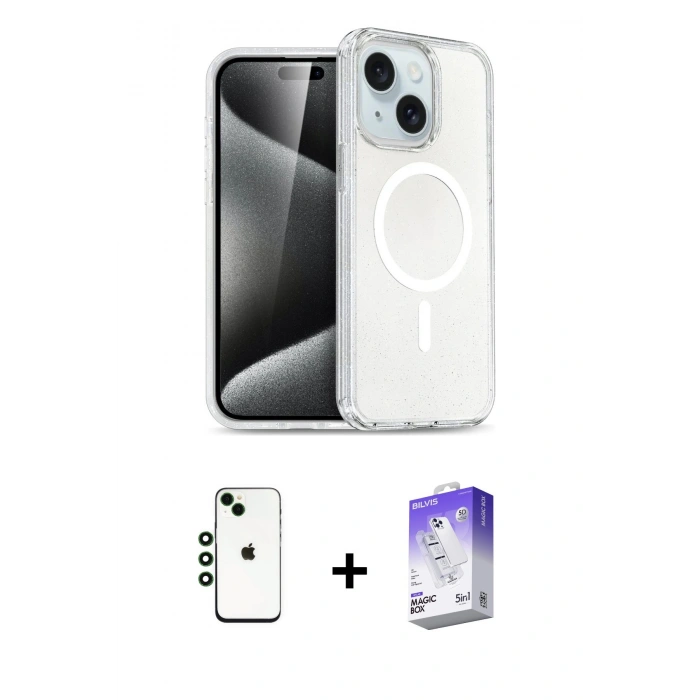 MARSİLYAN™- iPhone 14 Kılıf Nova Asil Prime - Siyah Bilvis 5in1 3D Magic Cam Ekran Koruyucu + Shine Kamera Lens - YL