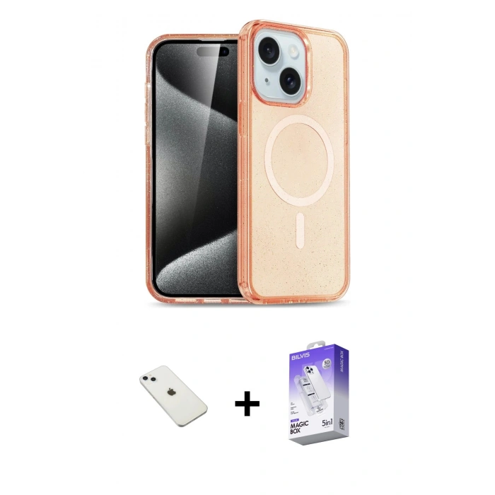 MARSİLYAN™- iPhone 14 Kılıf Nova Asil Prime - Siyah Bilvis 5in1 3D Magic Cam Ekran Koruyucu + Sierra Blue Diamond Kamera Lens