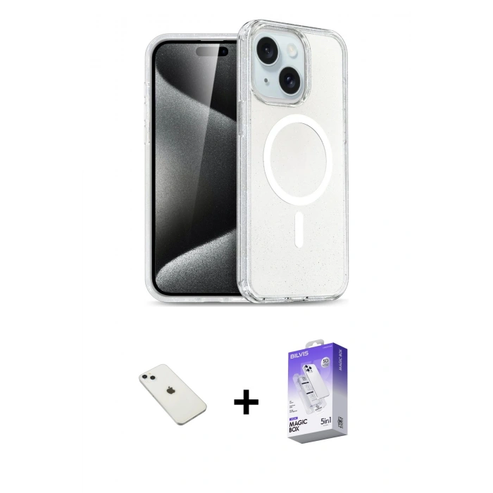 MARSİLYAN™- iPhone 14 Kılıf Nova Asil Prime - Siyah Bilvis 5in1 3D Magic Cam Ekran Koruyucu + Sierra Blue Diamond Kamera Lens