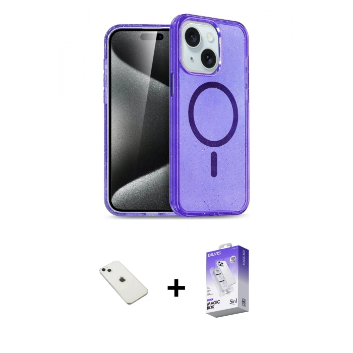MARSİLYAN™- iPhone 14 Kılıf Nova Asil Prime - Siyah Bilvis 5in1 3D Magic Cam Ekran Koruyucu + Sierra Blue Diamond Kamera Lens