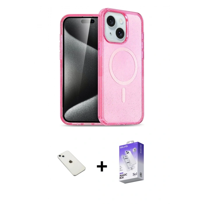 MARSİLYAN™- iPhone 14 Kılıf Nova Asil Prime - Siyah Bilvis 5in1 3D Magic Cam Ekran Koruyucu + Sierra Blue Diamond Kamera Lens