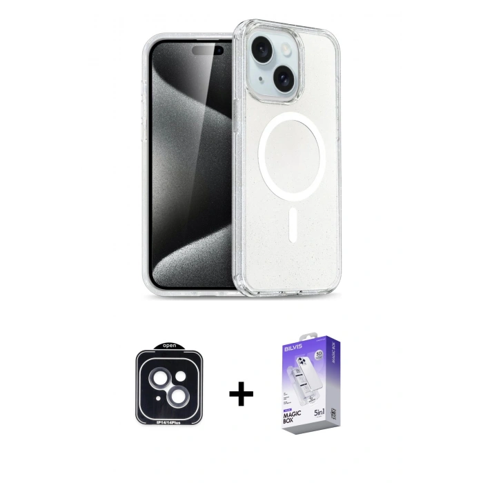 MARSİLYAN™- iPhone 14 Kılıf Nova Asil Prime - Siyah Bilvis 5in1 3D Magic Cam Ekran Koruyucu + Siyah PVD Metal Kamera Lens