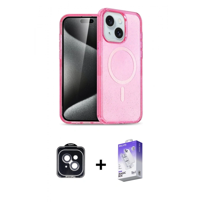 MARSİLYAN™- iPhone 14 Kılıf Nova Asil Prime - Siyah Bilvis 5in1 3D Magic Cam Ekran Koruyucu + Siyah PVD Metal Kamera Lens