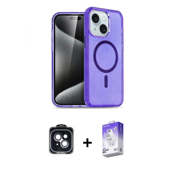 MARSİLYAN™- iPhone 14 Kılıf Nova Asil Prime - Siyah Bilvis 5in1 3D Magic Cam Ekran Koruyucu + Siyah PVD Metal Kamera Lens