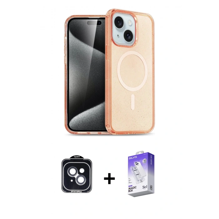 MARSİLYAN™- iPhone 14 Kılıf Nova Asil Prime - Siyah Bilvis 5in1 3D Magic Cam Ekran Koruyucu + Siyah PVD Metal Kamera Lens