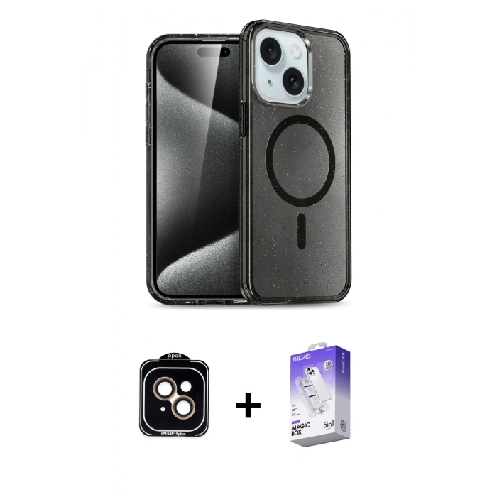 MARSİLYAN™- iPhone 14 Kılıf Nova Asil Prime - Siyah Bilvis 5in1 3D Magic Cam Ekran Koruyucu + PVD Metal Kamera Lens - TU