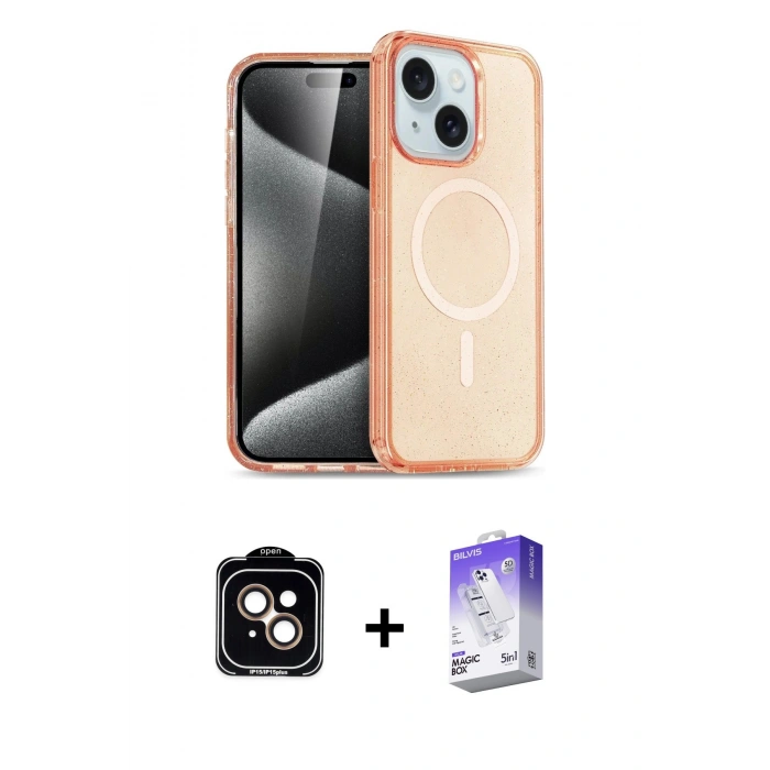 MARSİLYAN™- iPhone 14 Kılıf Nova Asil Prime - Siyah Bilvis 5in1 3D Magic Cam Ekran Koruyucu + PVD Metal Kamera Lens - TU