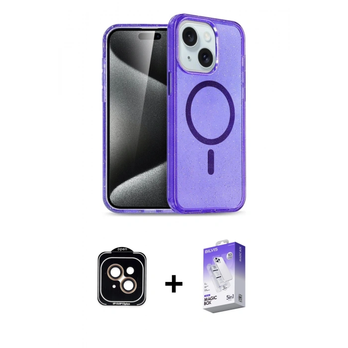 MARSİLYAN™- iPhone 14 Kılıf Nova Asil Prime - Siyah Bilvis 5in1 3D Magic Cam Ekran Koruyucu + PVD Metal Kamera Lens - TU