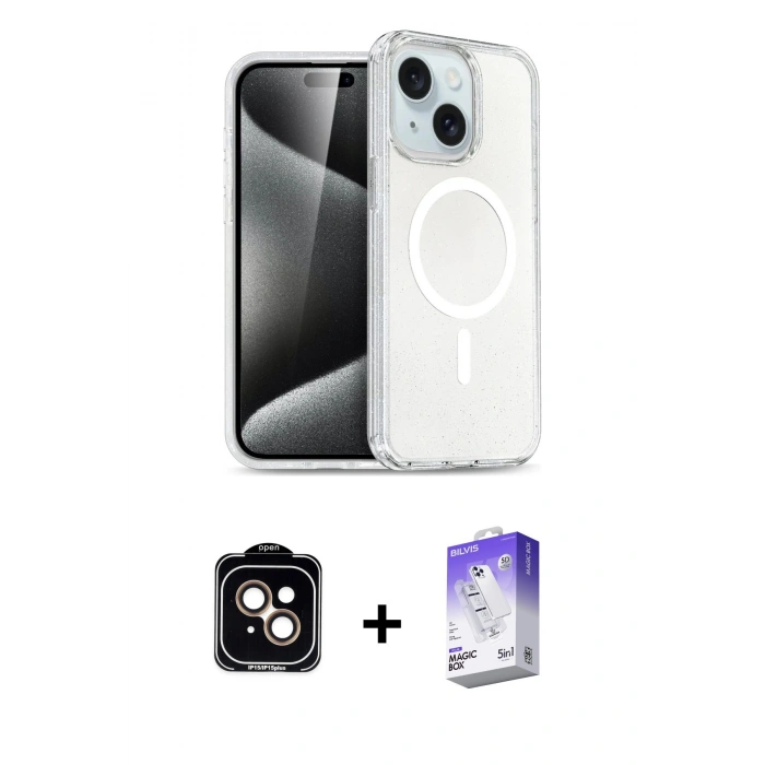 MARSİLYAN™- iPhone 14 Kılıf Nova Asil Prime - Siyah Bilvis 5in1 3D Magic Cam Ekran Koruyucu + PVD Metal Kamera Lens - TU