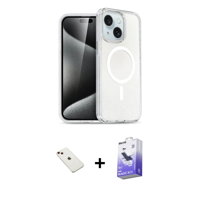 MARSİLYAN™- iPhone 14 Kılıf Nova Asil Prime - Siyah Bilvis 5in1 5D Magic Hayalet Cam Ekran Koruyucu + Diamond Kamera Lens - KI