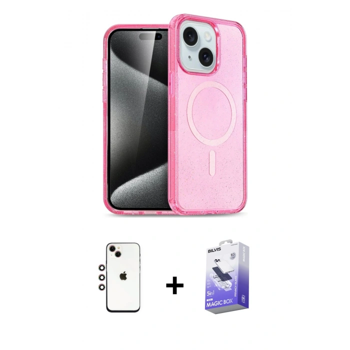 MARSİLYAN™- iPhone 14 Kılıf Nova Asil Prime - Siyah Bilvis 5in1 5D Magic Hayalet Cam Ekran Koruyucu + Shine Kamera Lens - GI