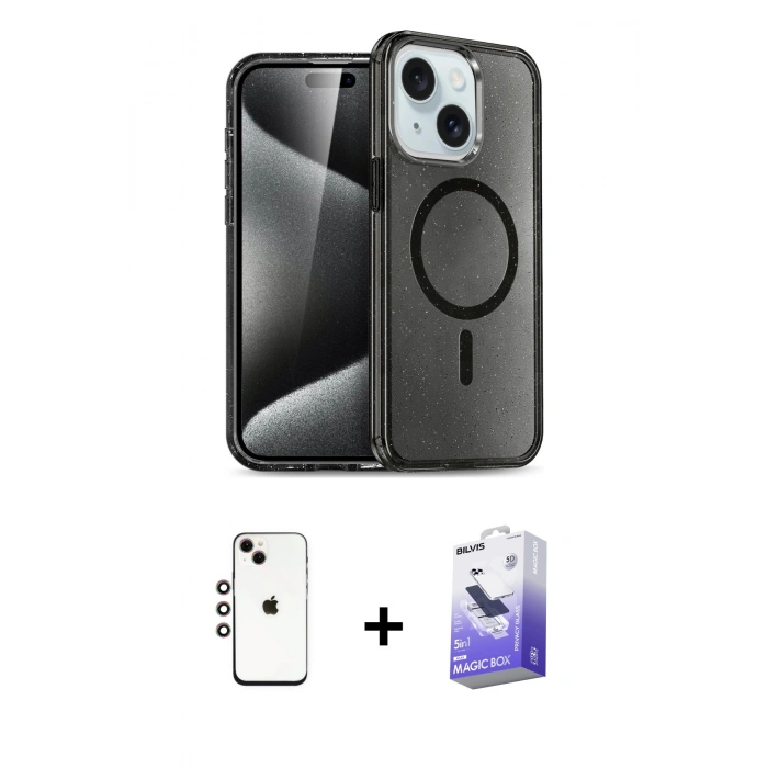 MARSİLYAN™- iPhone 14 Kılıf Nova Asil Prime - Siyah Bilvis 5in1 5D Magic Hayalet Cam Ekran Koruyucu + Shine Kamera Lens - GI