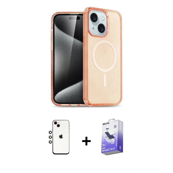 MARSİLYAN™- iPhone 14 Kılıf Nova Asil Prime - Siyah Bilvis 5in1 5D Magic Hayalet Cam Ekran Koruyucu + Shine Kamera Lens - GI