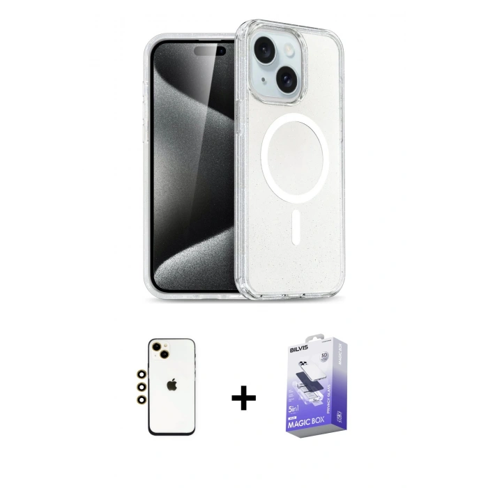 MARSİLYAN™- iPhone 14 Kılıf Nova Asil Prime - Siyah Bilvis 5in1 5D Magic Hayalet Cam Ekran Koruyucu + Shine Kamera Lens - GD