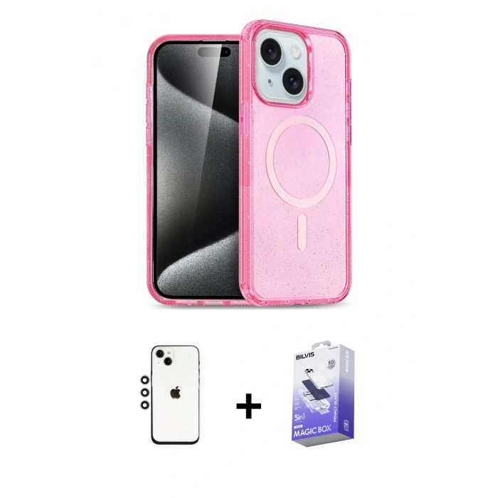 MARSİLYAN™- iPhone 14 Kılıf Nova Asil Prime - Siyah Bilvis 5in1 5D Magic Hayalet Cam Ekran Koruyucu + Gümüş Shine Kamera Lens