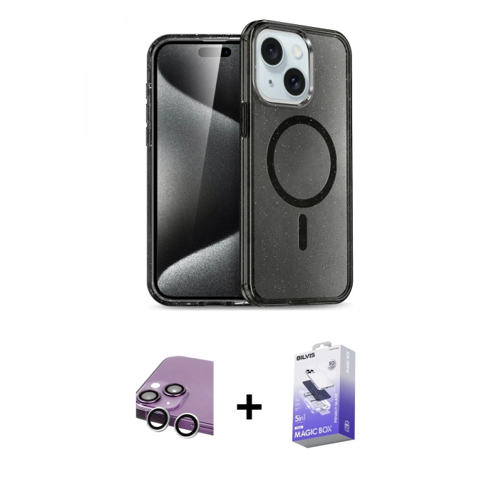 MARSİLYAN™- iPhone 14 Kılıf Nova Asil Prime - Siyah Bilvis 5in1 5D Magic Hayalet Cam Ekran Koruyucu + Raze Metal Kamera Lens - GS