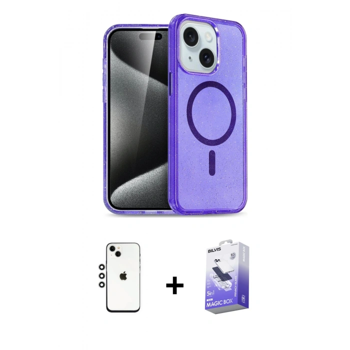 MARSİLYAN™- iPhone 14 Kılıf Nova Asil Prime - Siyah Bilvis 5in1 5D Magic Hayalet Cam Ekran Koruyucu + Gümüş Shine Kamera Lens