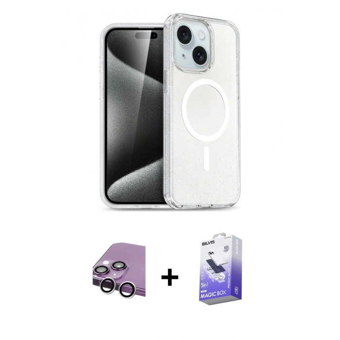 MARSİLYAN™- iPhone 14 Kılıf Nova Asil Prime - Siyah Bilvis 5in1 5D Magic Hayalet Cam Ekran Koruyucu + Raze Metal Kamera Lens - GS