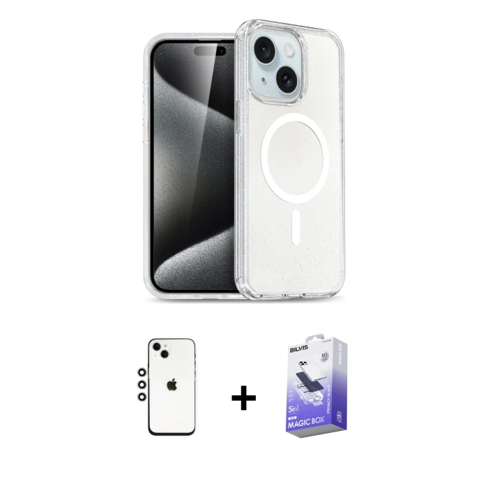 MARSİLYAN™- iPhone 14 Kılıf Nova Asil Prime - Siyah Bilvis 5in1 5D Magic Hayalet Cam Ekran Koruyucu + Gümüş Shine Kamera Lens