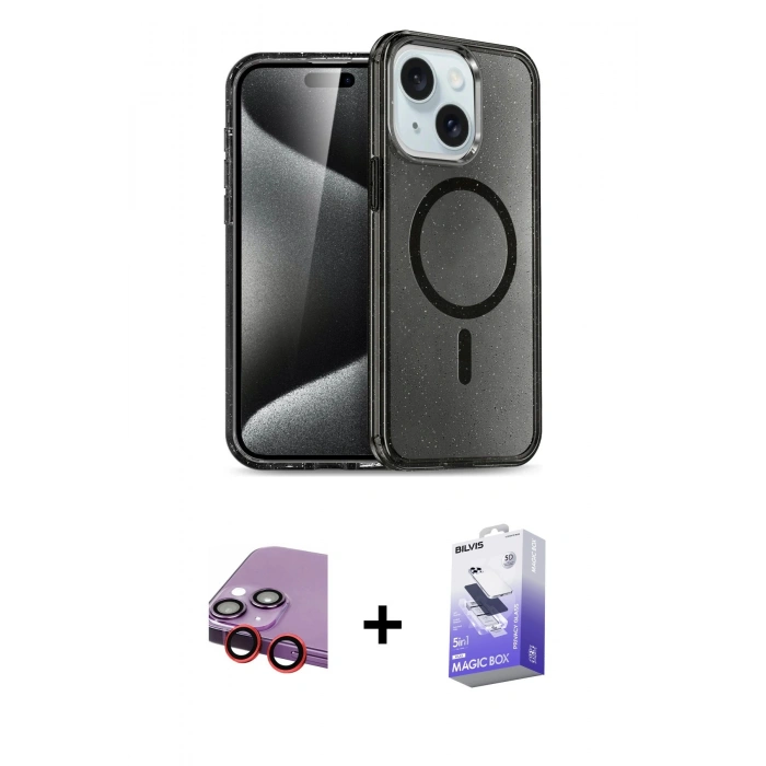 MARSİLYAN™- iPhone 14 Kılıf Nova Asil Prime - Siyah Bilvis 5in1 5D Magic Hayalet Cam Ekran Koruyucu + Raze Metal Kamera Lens - KI