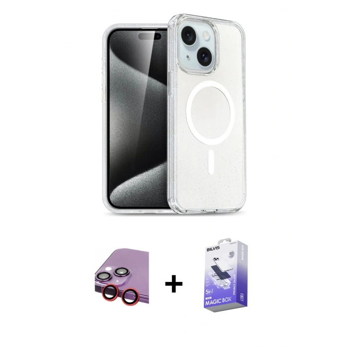 MARSİLYAN™- iPhone 14 Kılıf Nova Asil Prime - Siyah Bilvis 5in1 5D Magic Hayalet Cam Ekran Koruyucu + Raze Metal Kamera Lens - KI