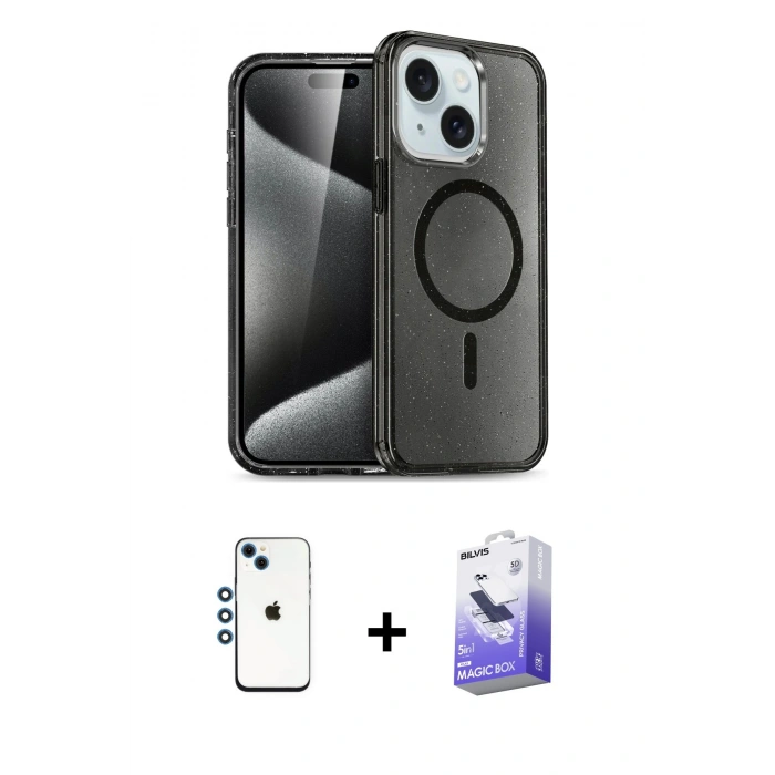 MARSİLYAN™- iPhone 14 Kılıf Nova Asil Prime - Siyah Bilvis 5in1 5D Magic Hayalet Cam Ekran Koruyucu + Shine Kamera Lens - MI