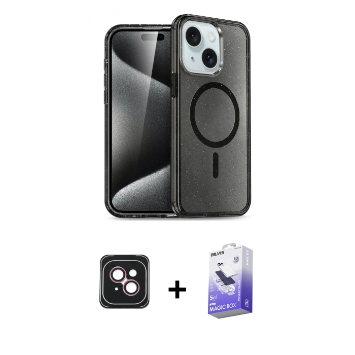 MARSİLYAN™- iPhone 14 Kılıf Nova Asil Prime - Siyah Bilvis 5in1 5D Magic Hayalet Cam Ekran Koruyucu + PVD Metal Kamera Lens - PE