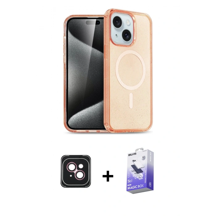 MARSİLYAN™- iPhone 14 Kılıf Nova Asil Prime - Siyah Bilvis 5in1 5D Magic Hayalet Cam Ekran Koruyucu + PVD Metal Kamera Lens - PE
