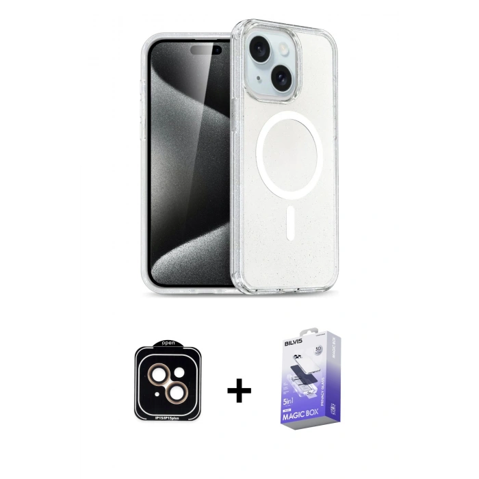 MARSİLYAN™- iPhone 14 Kılıf Nova Asil Prime - Siyah Bilvis 5in1 5D Magic Hayalet Cam Ekran Koruyucu + PVD Metal Kamera Lens - TU
