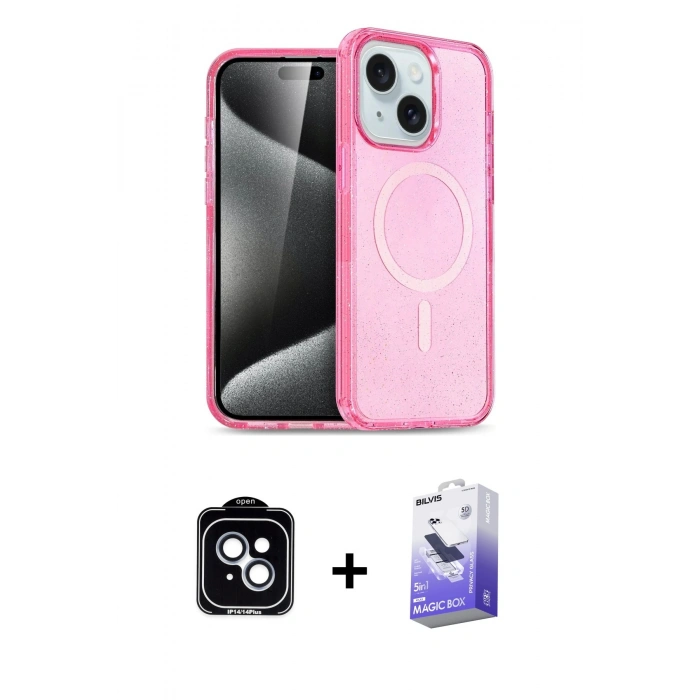 MARSİLYAN™- iPhone 14 Kılıf Nova Asil Prime - Siyah Bilvis 5in1 5D Magic Hayalet Cam Ekran Koruyucu + PVD Metal Kamera Lens - MI